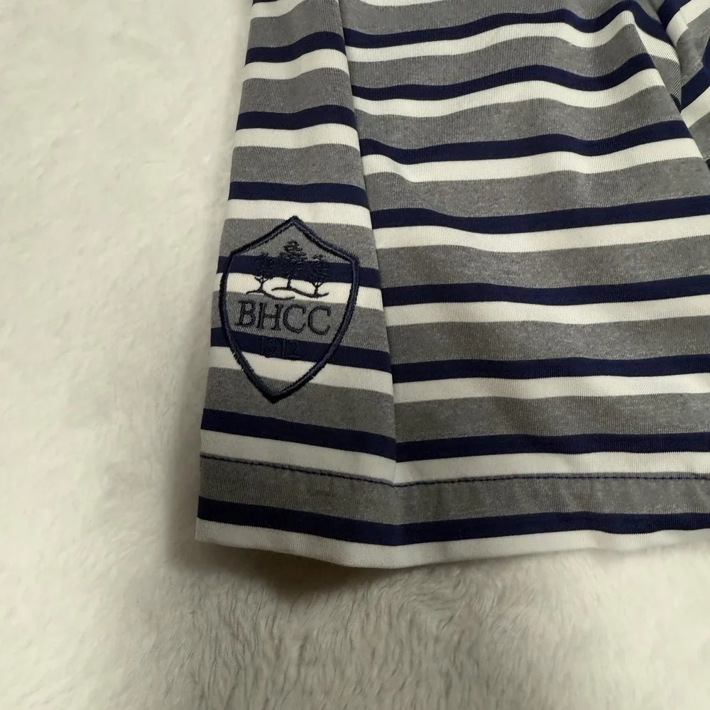 Ralph Lauren RLX Polo Shirt Mens XL Blue Gray White Striped Golf BHCC 1912 Logo‎